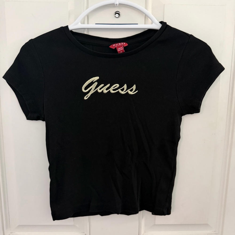 Guess Baby Tee M | Black Ribbed Fitted Y2K Gold Logo
